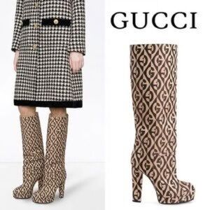 Gucci Women's Beige and Black Patterned Heeled Boots